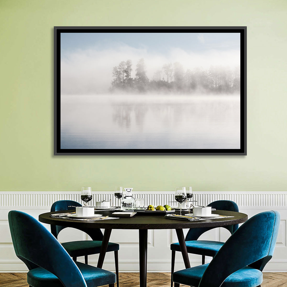 Misty Forest Lake Wall Art in a room, landscape