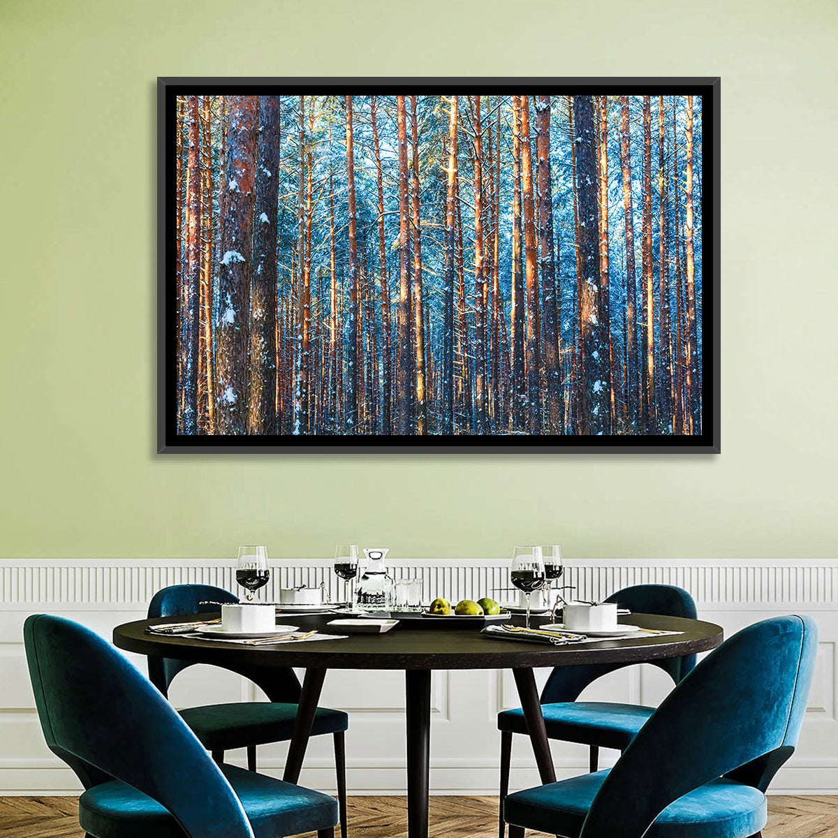 Golden Hour Winter Pine Forest Wall Art in a room, landscape