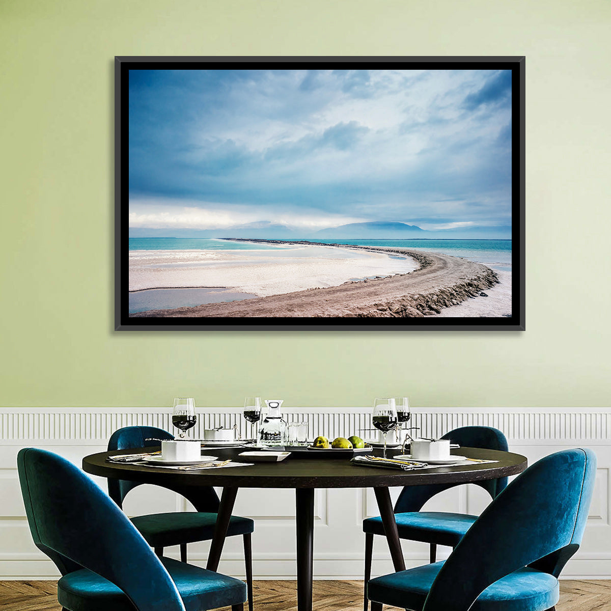 Dead Sea Salt Flats Coastline Wall Art in a room, landscape