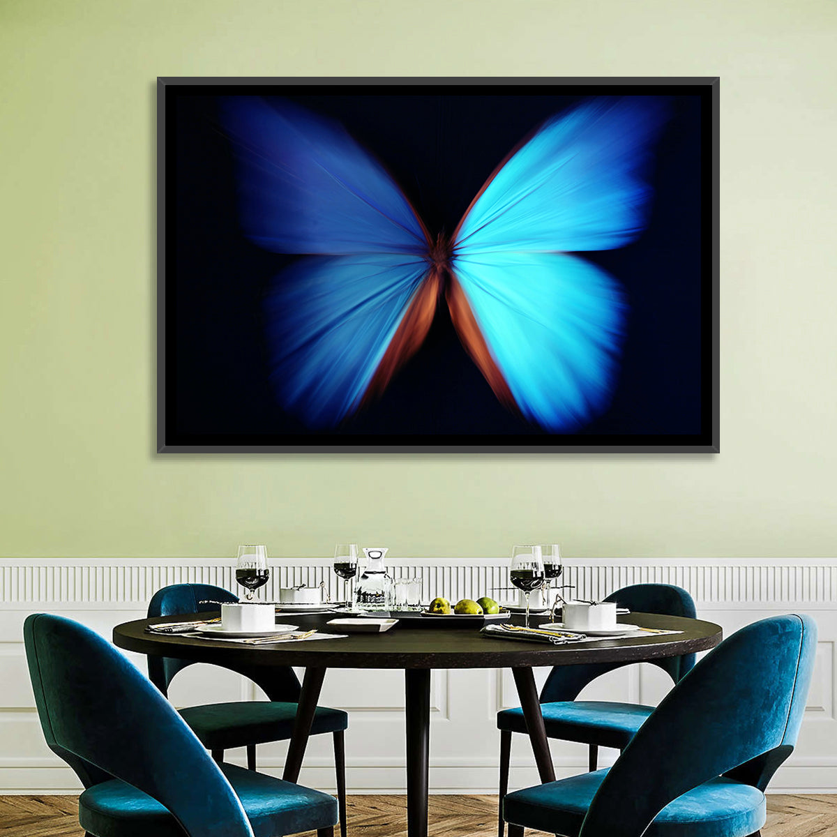 Blue Butterfly Macro Study Wall Art in a room, landscape