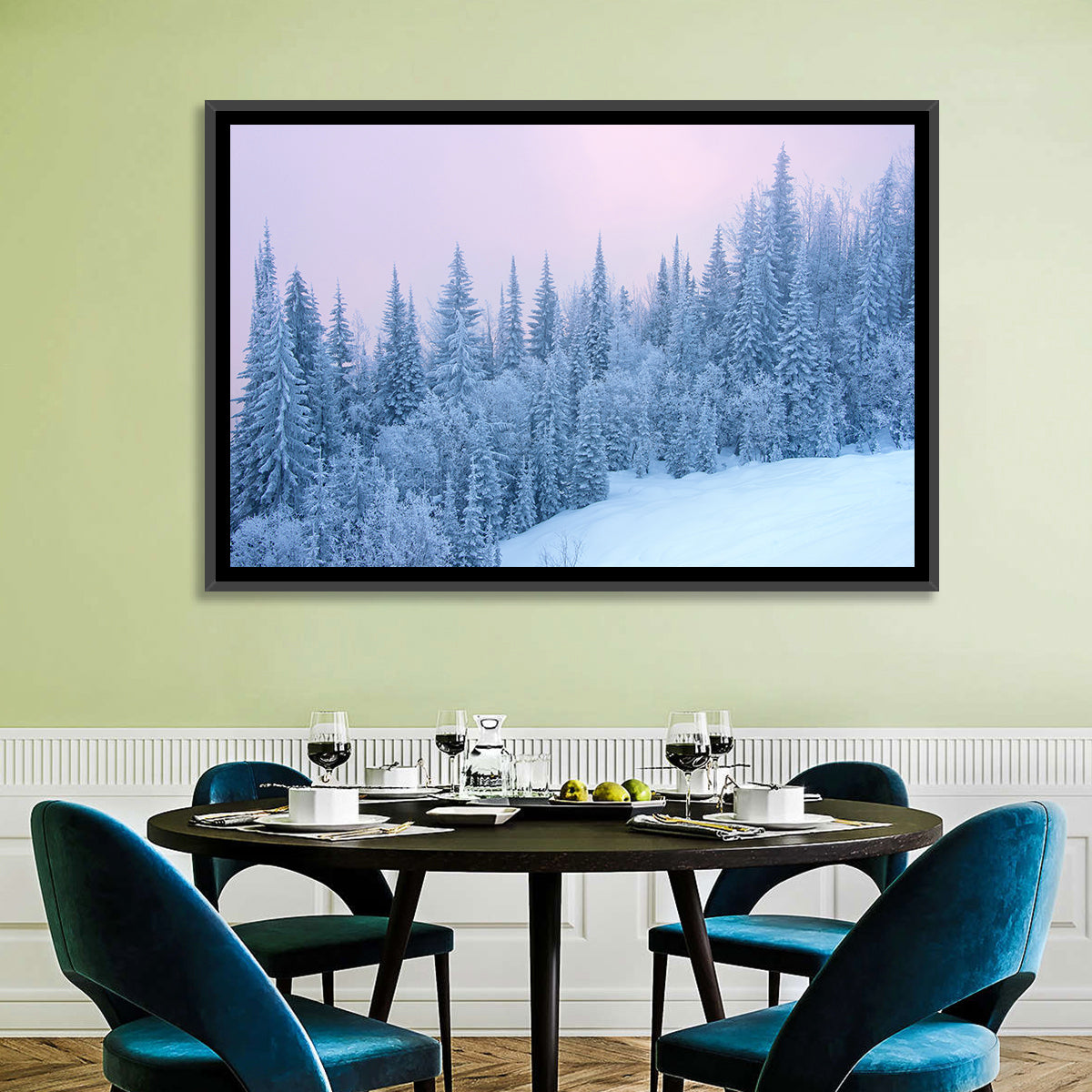 Snowy Winter Forest Wall Art in a room, landscape