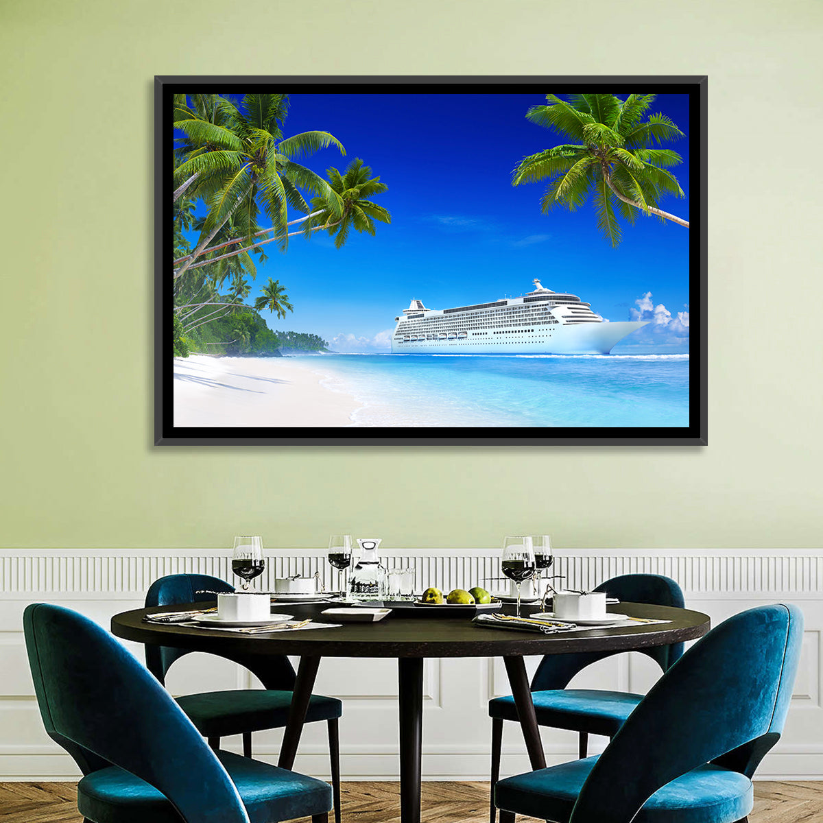 Tropical Beach Cruise Ship Shoreline Wall Art in a room, landscape