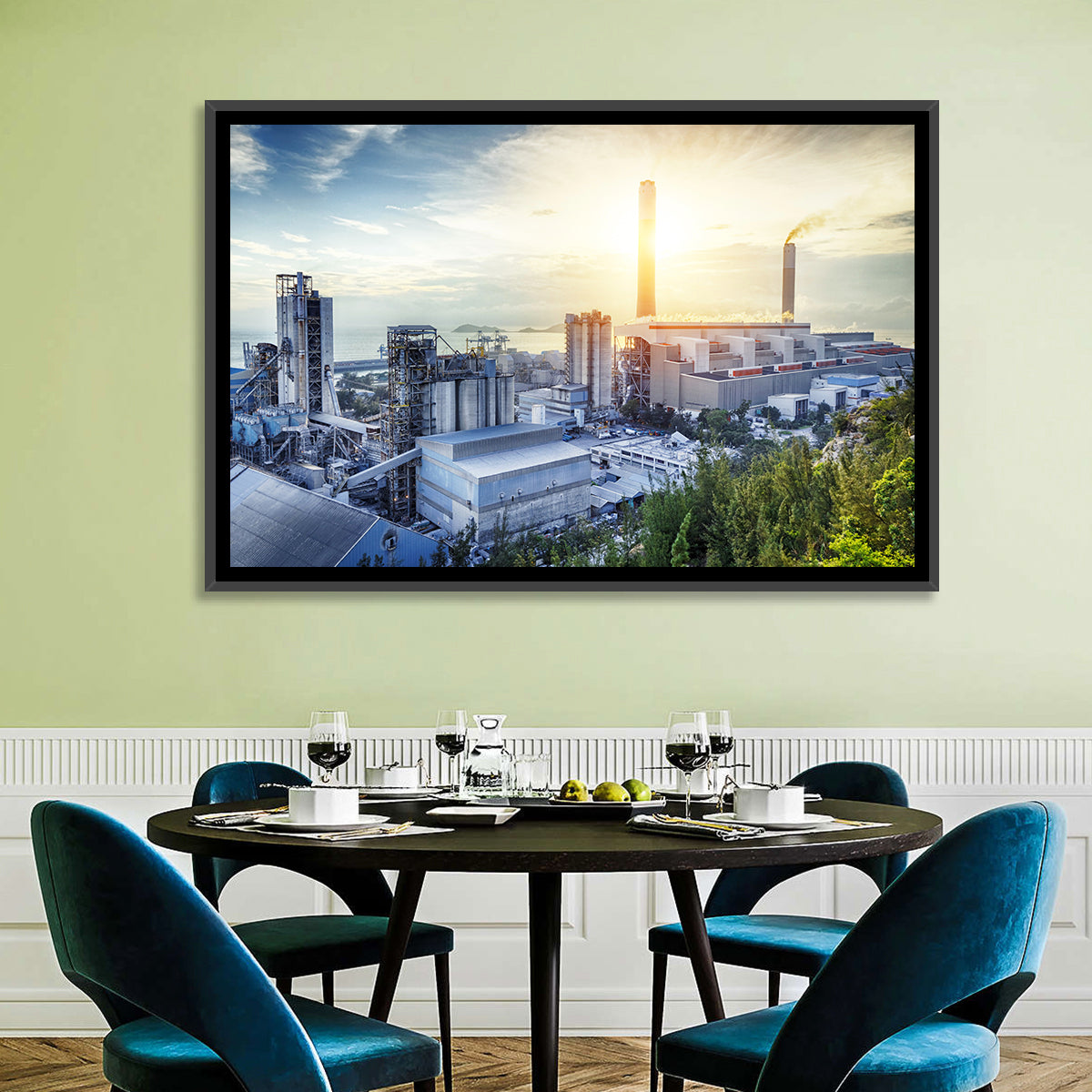 Coastal Power Plant at Sunrise Wall Art in a room, landscape