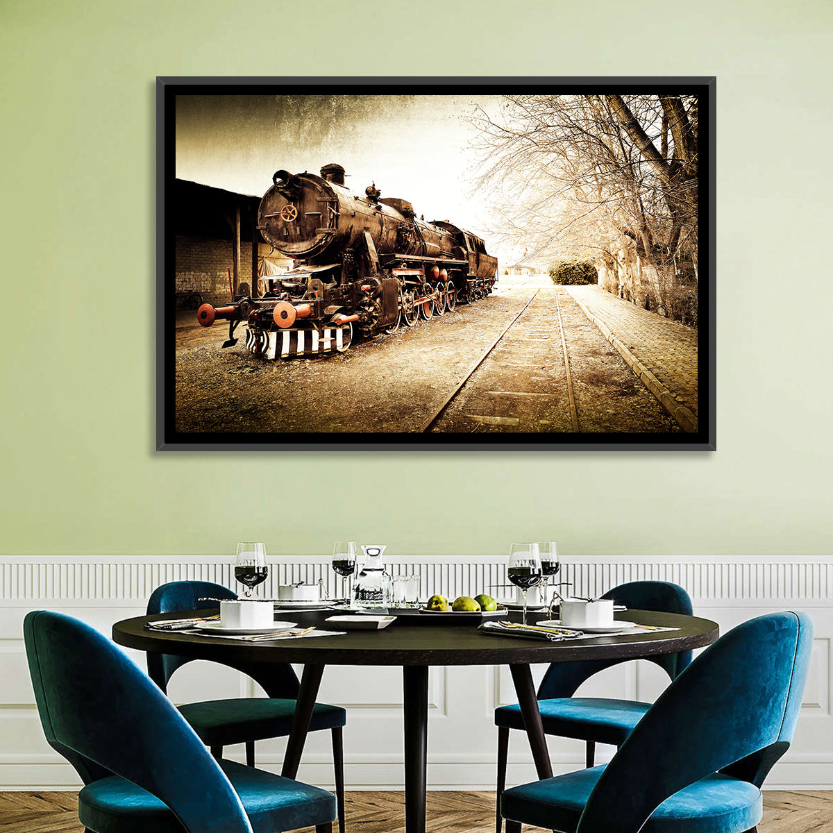 Sepia Steam Locomotive on Rusted Tracks Wall Art
