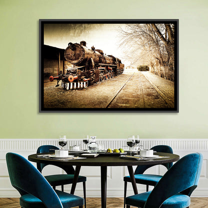 Sepia Steam Locomotive on Rusted Tracks Wall Art