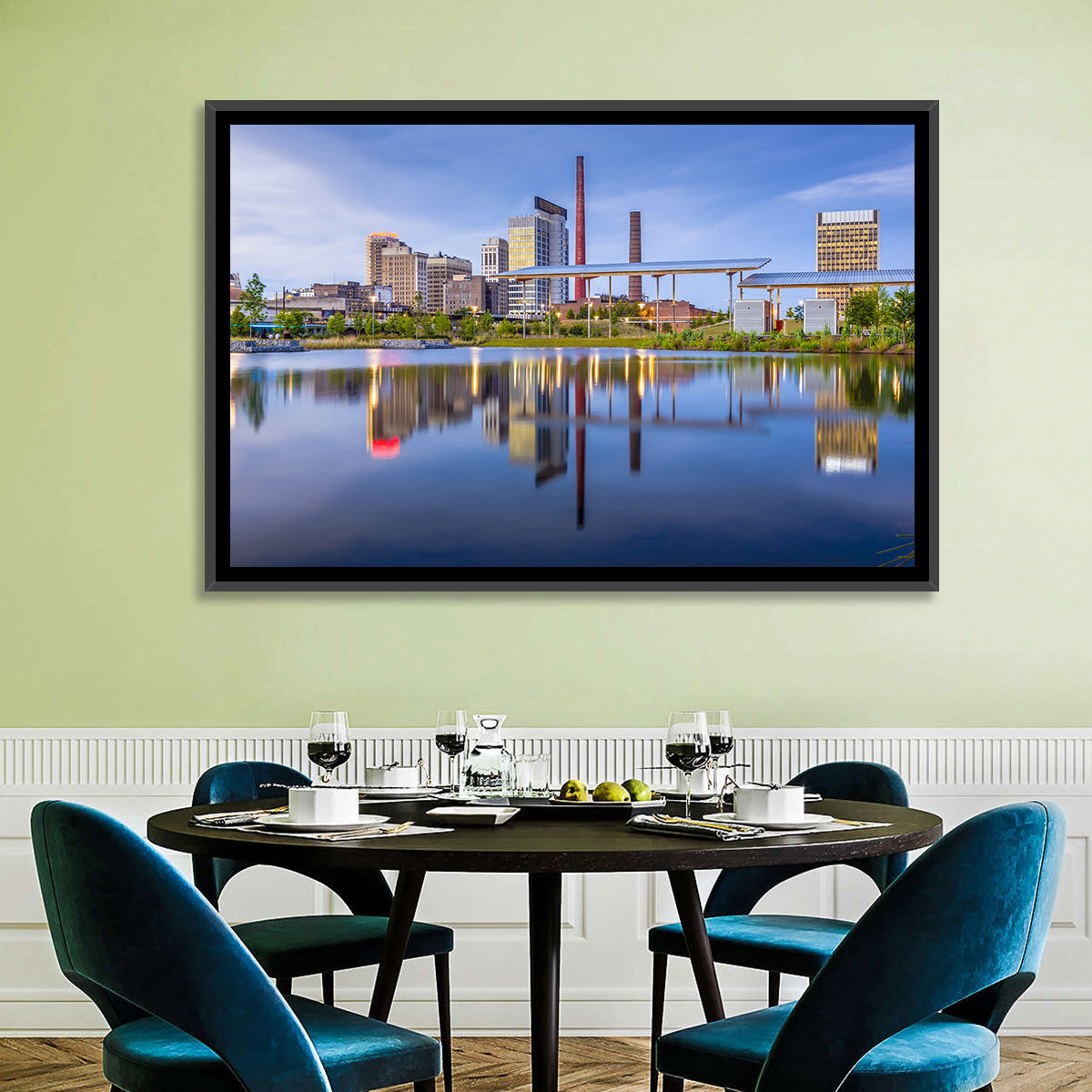 Birmingham Skyline Reflection at Twilight Wall Art in a room, landscape