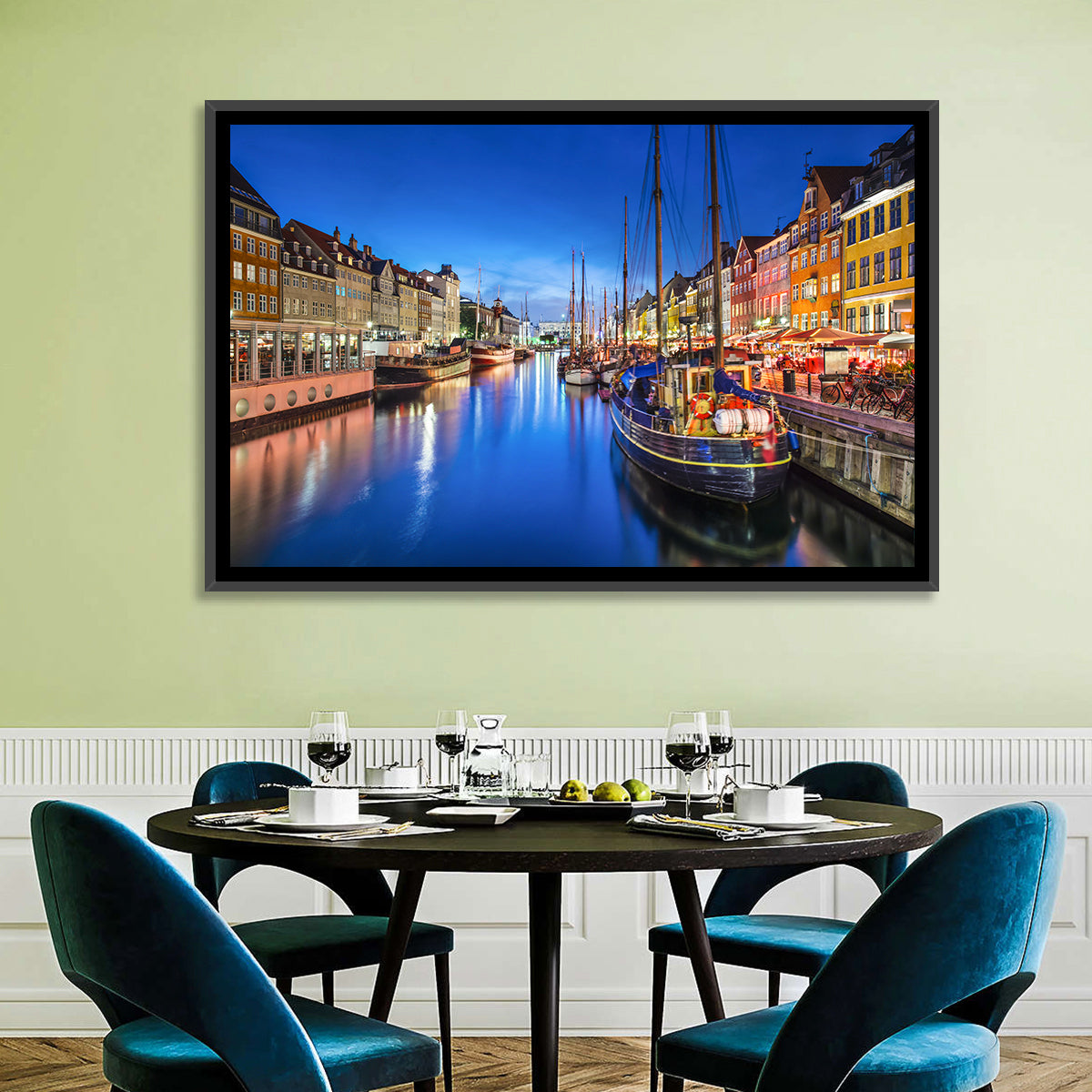 Nyhavn Canal at Dusk Wall Art in a room, landscape