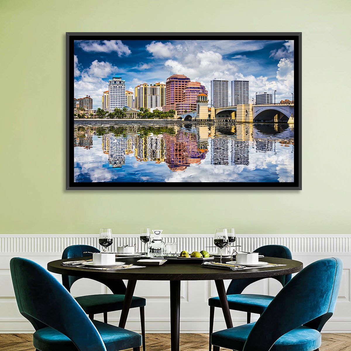 West Palm Beach Skyline Reflection Wall Art in a room, landscape