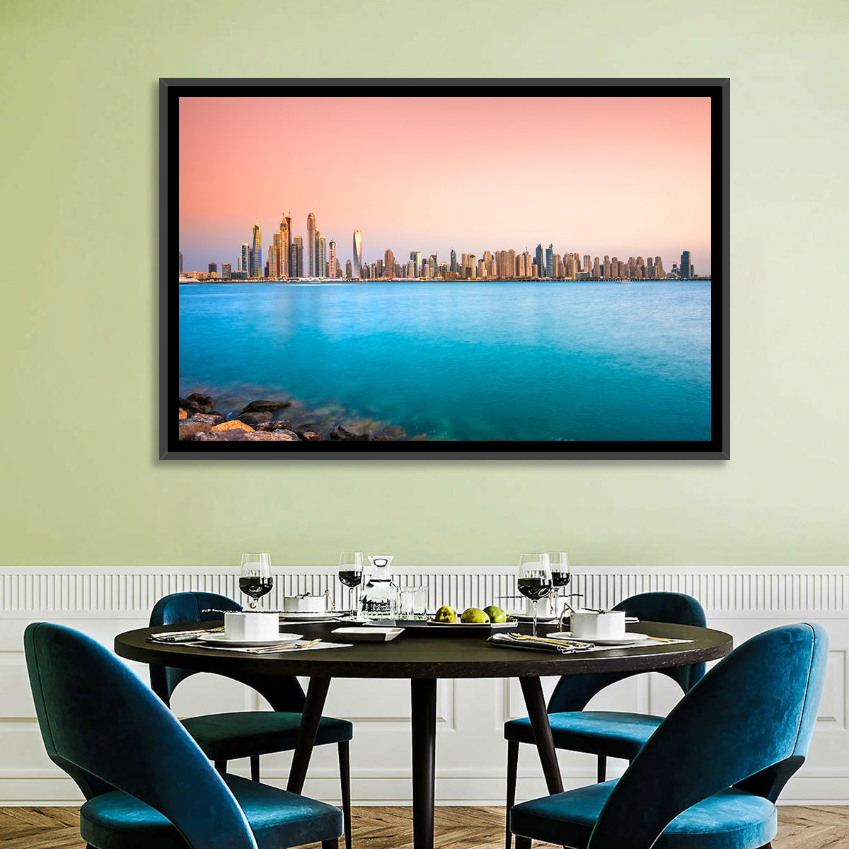Dubai Marina Skyline Wall Art in a room, landscape