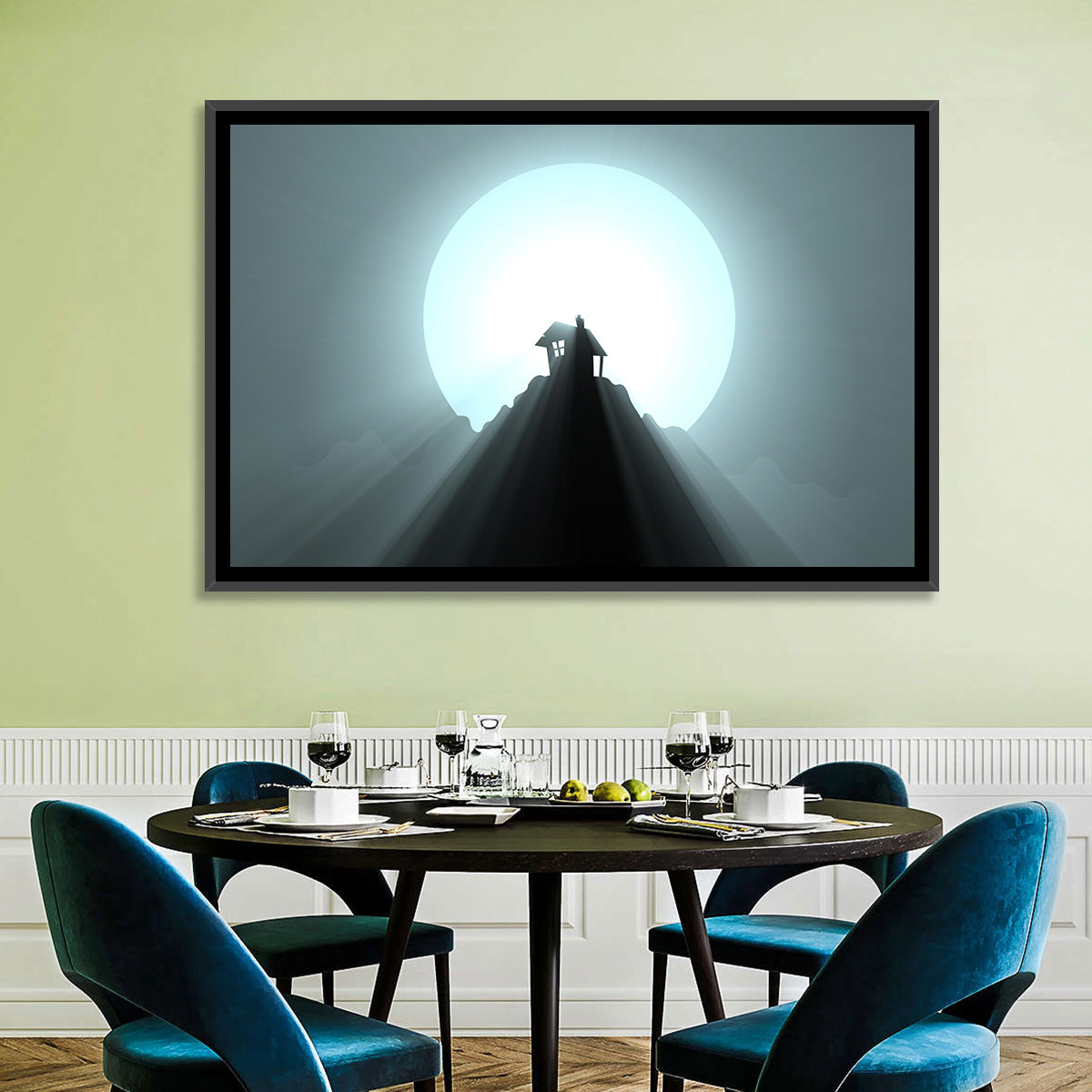 Moonlit Mountain Hut Wall Art in a room, landscape