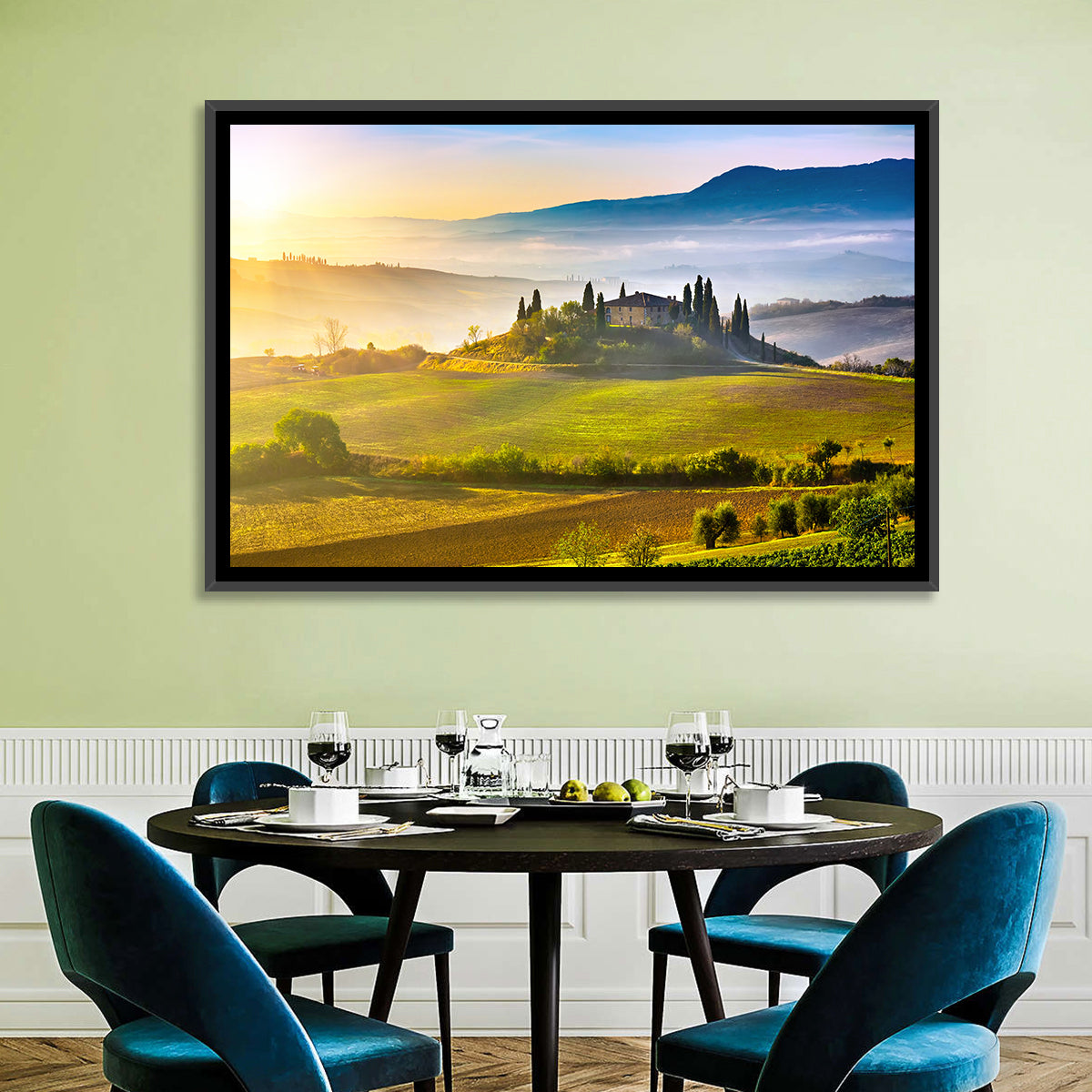 Tuscan Morning Landscape Wall Art in a room, landscape