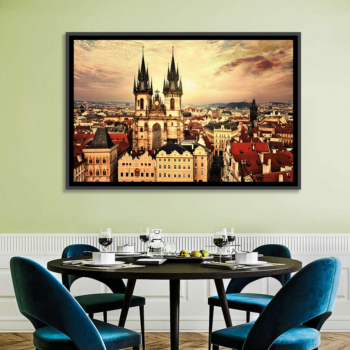 Prague Old Town Skyline at Golden Hour Wall Art in a room, landscape