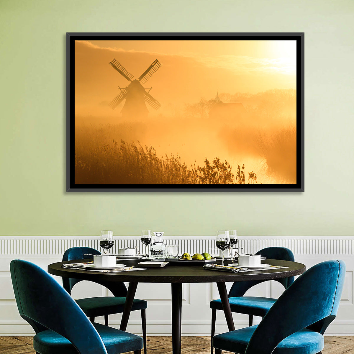 Golden Dutch Windmill Sunrise Wall Art