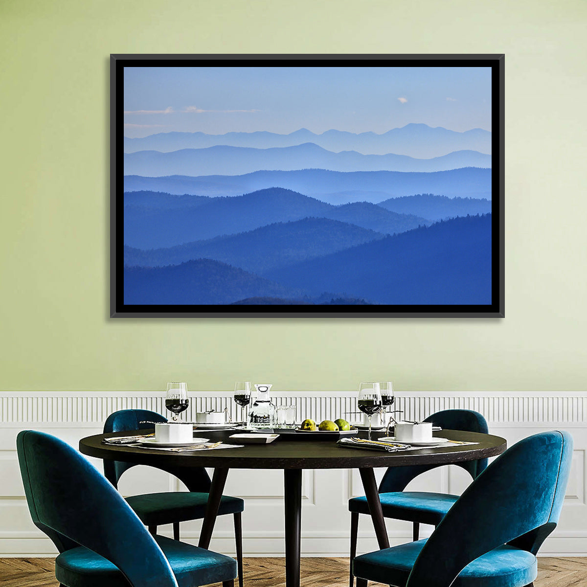 Misty Blue Mountain Valley Wall Art in a room, landscape