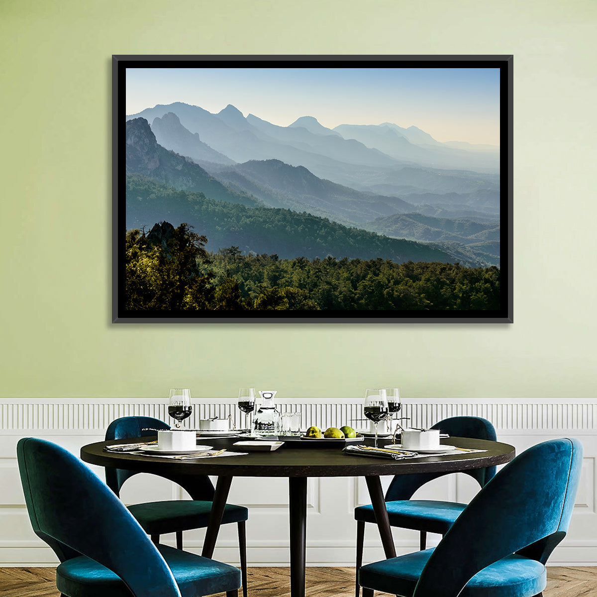 Misty Mountain Ridges Wall Art in a room, landscape