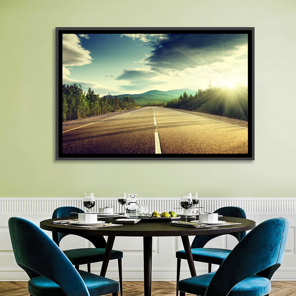 Sunlit Asphalt Road Wall Art in a room, landscape