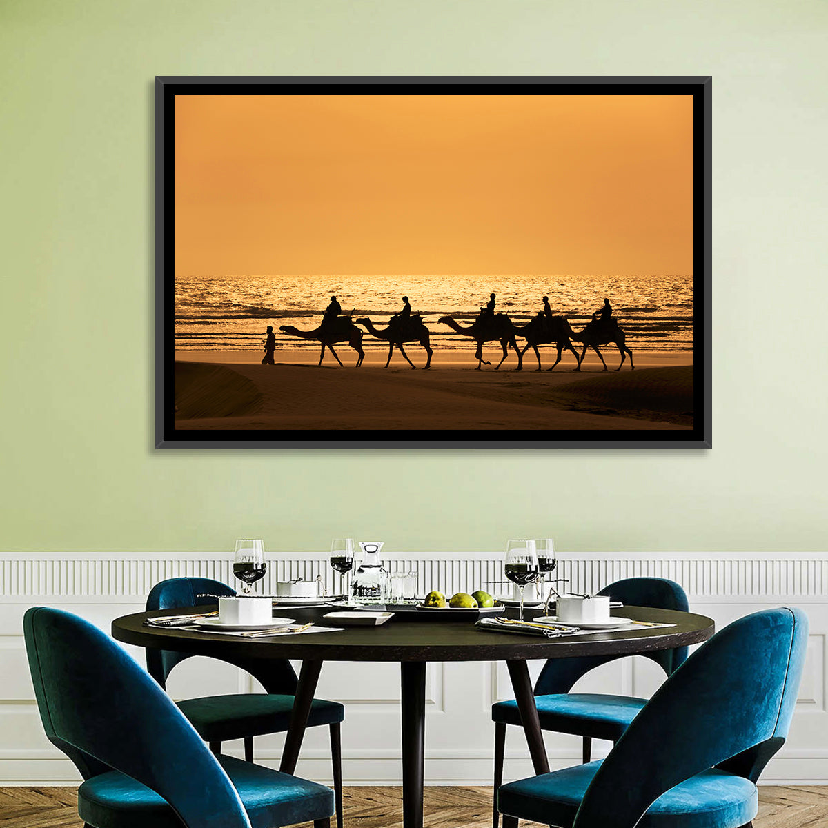 Camel Caravan Silhouette on Wet Sand Wall Art in a room, landscape