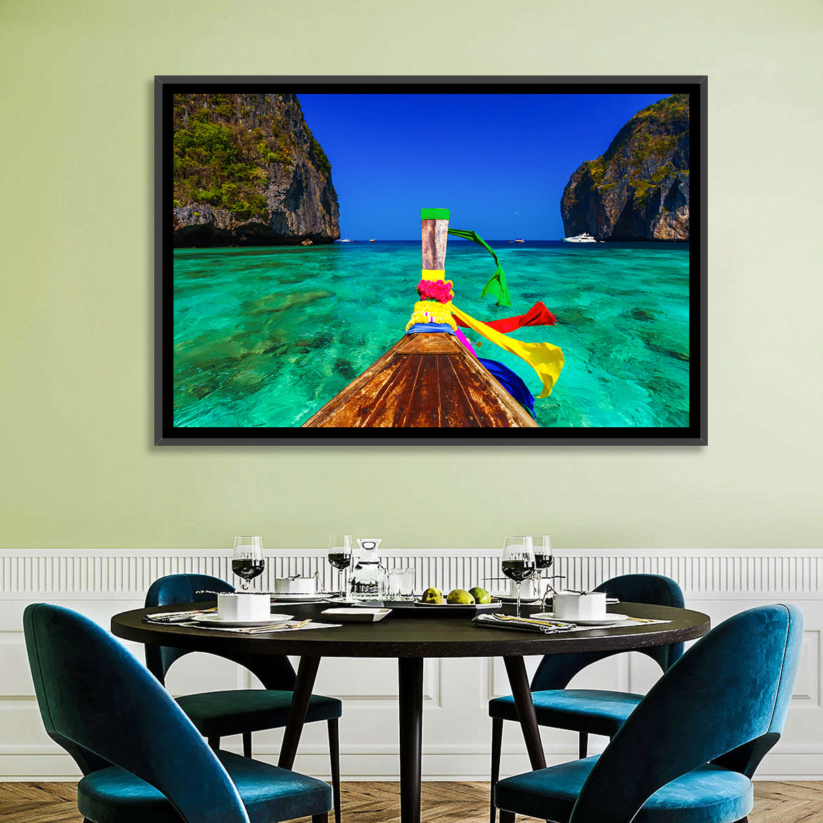 Maya Bay Long-tail Boat Wall Art in a room, landscape