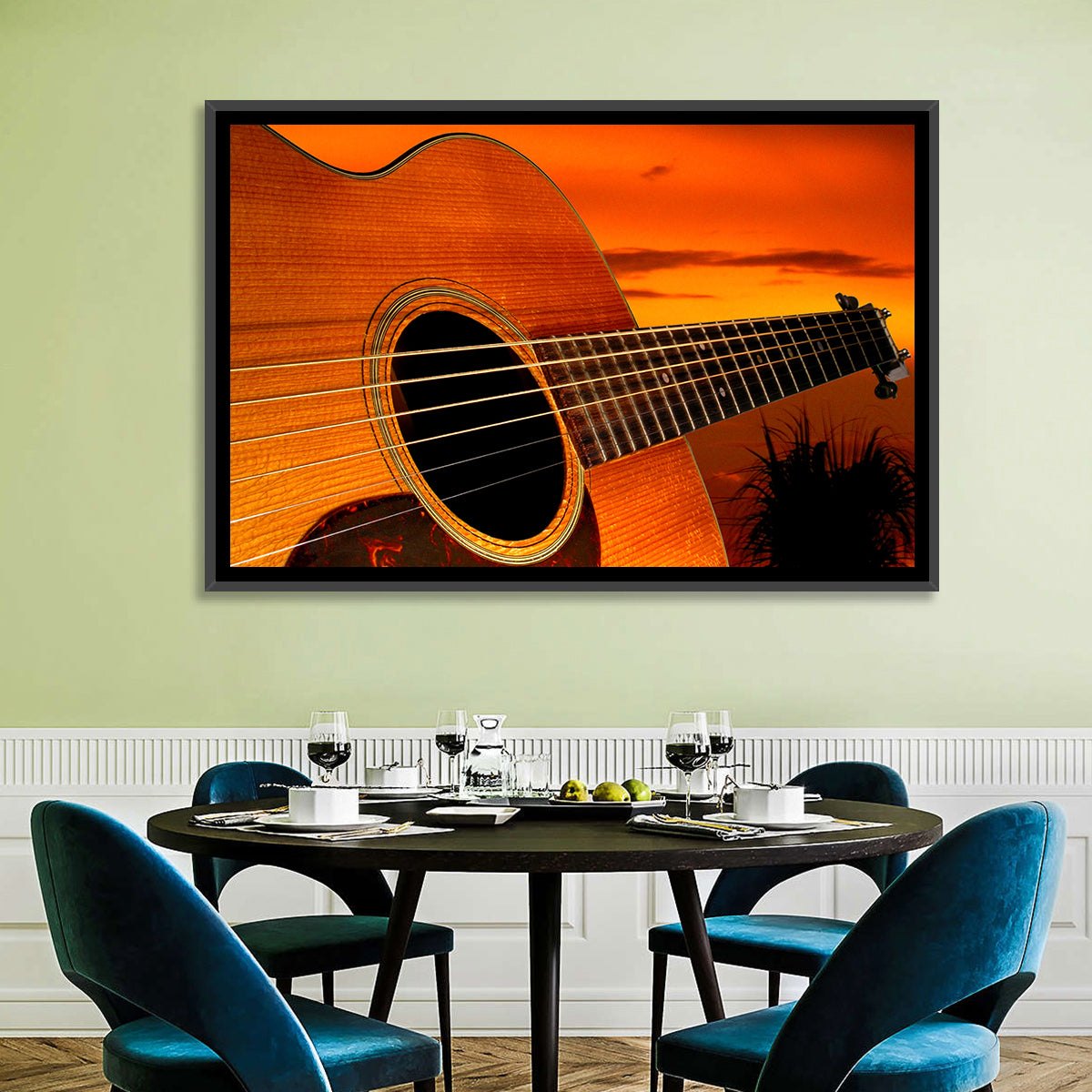 Sunset Acoustic Guitar Silhouette Wall Art