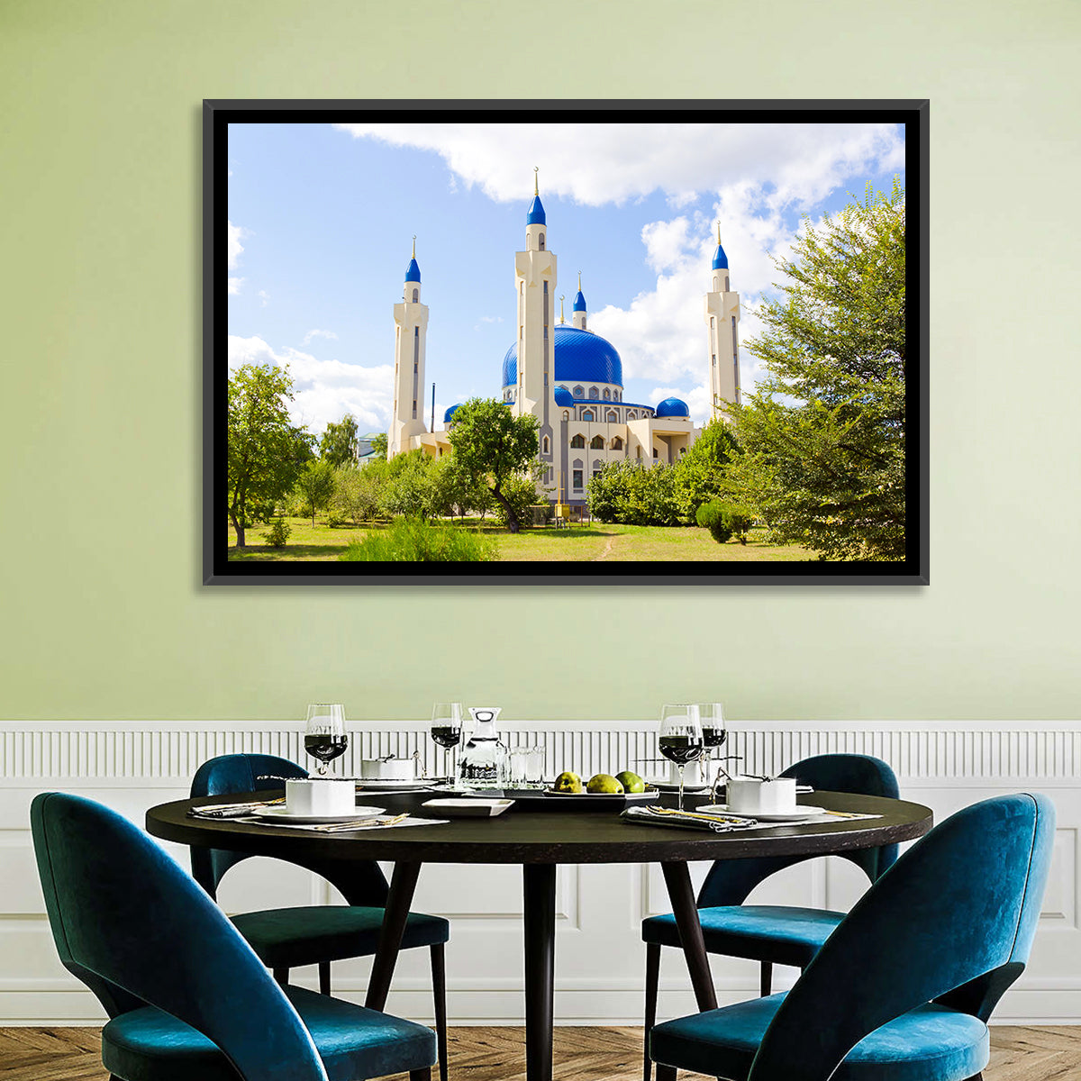 Blue Domed Mosque with Golden Minarets Wall Art in a room, landscape