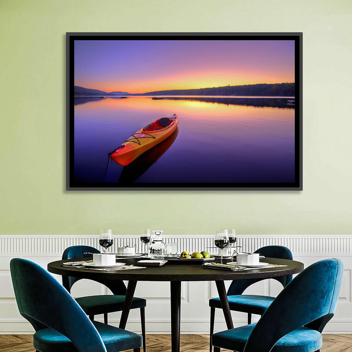 Bright Orange Kayak at Sunset Wall Art in a room, landscape