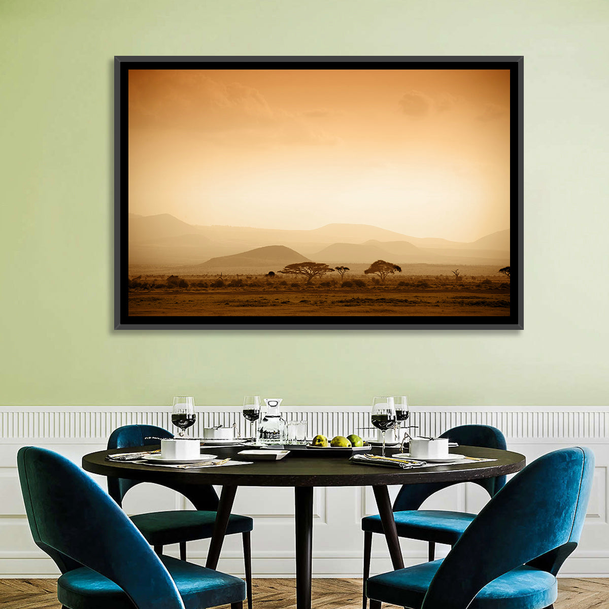 Hazy Savannah at Dawn Wall Art in a room, landscape