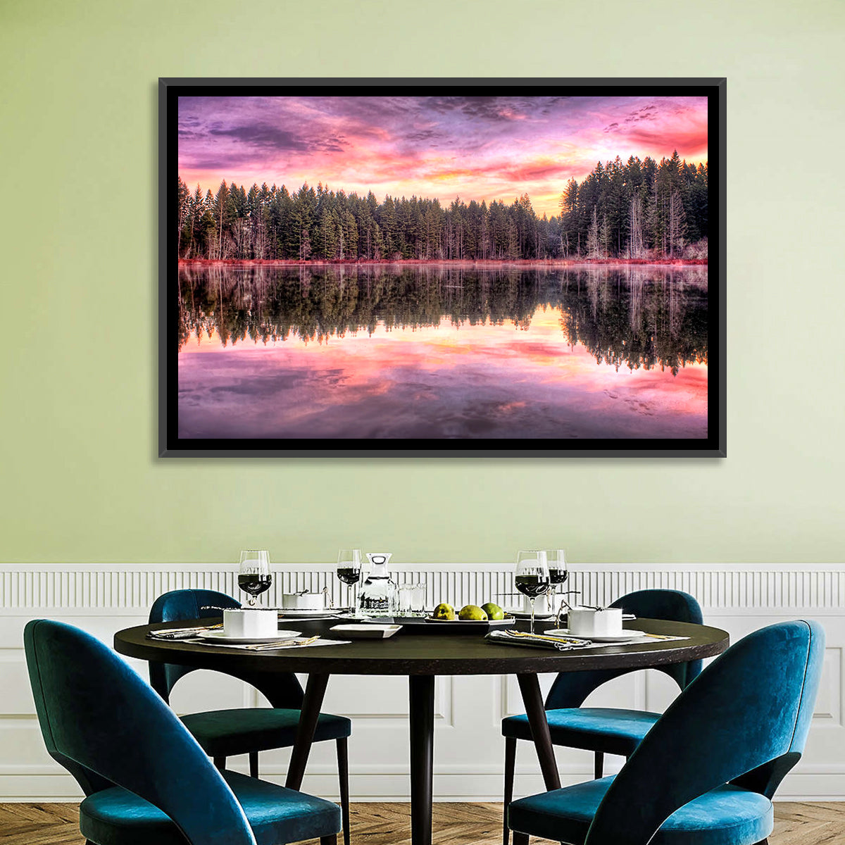 Sunrise Reflection at Forest Lake Wall Art in a room, landscape