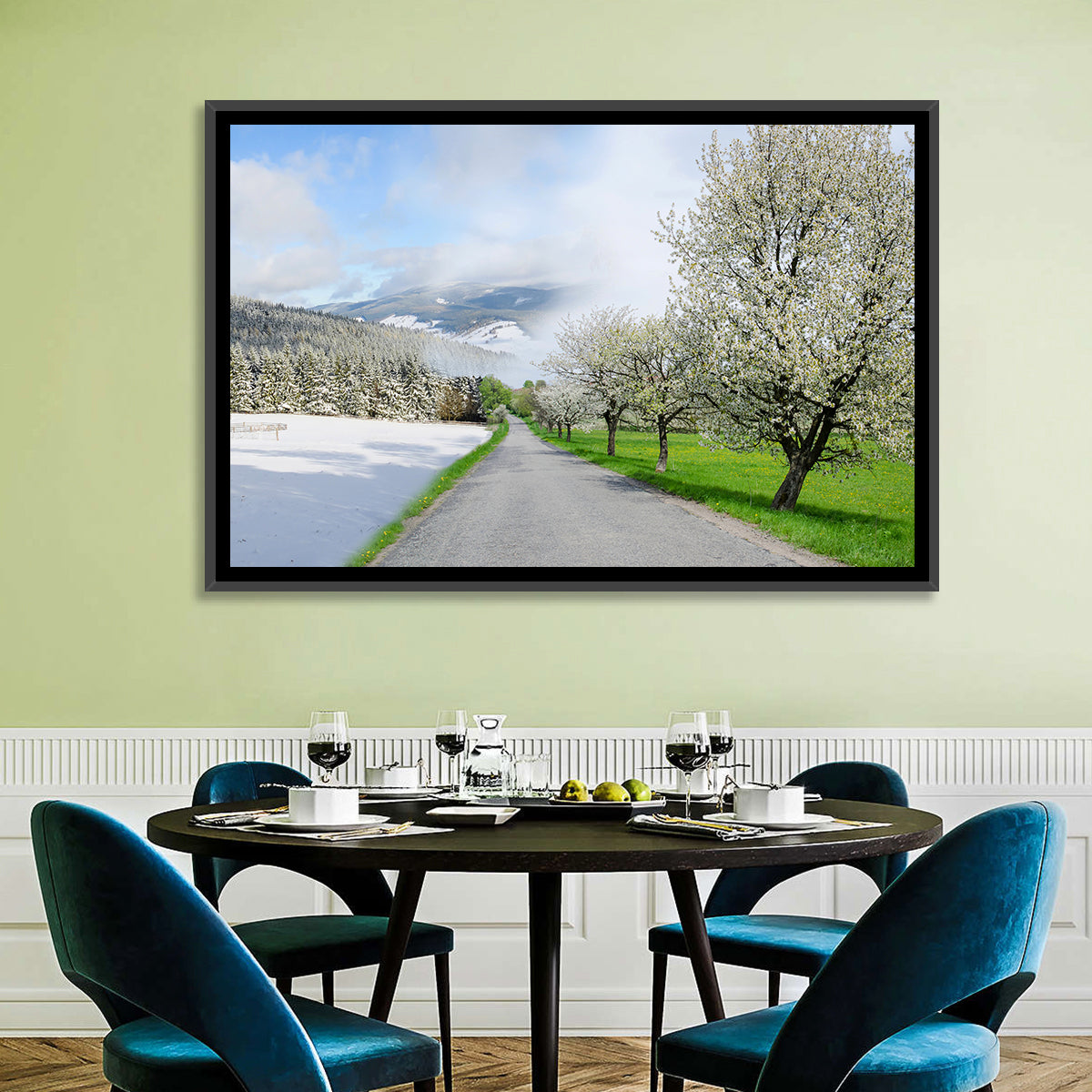 Season Change Road to Snowy Mountain Wall Art in a room, landscape