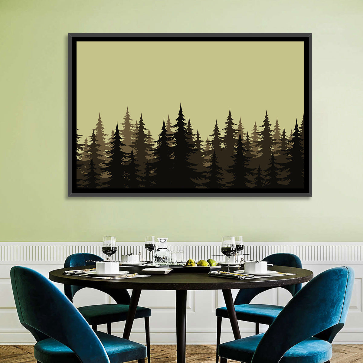 Fir Tree Silhouettes Wall Art in a room, landscape