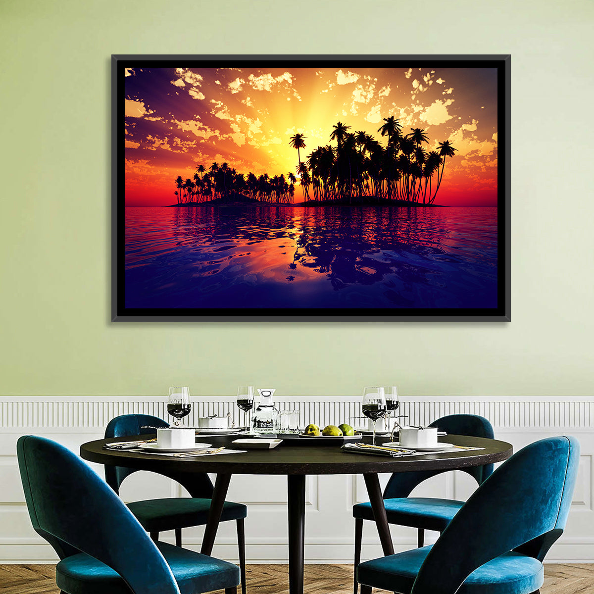 Coconut Island Sunset Wall Art in a room, landscape