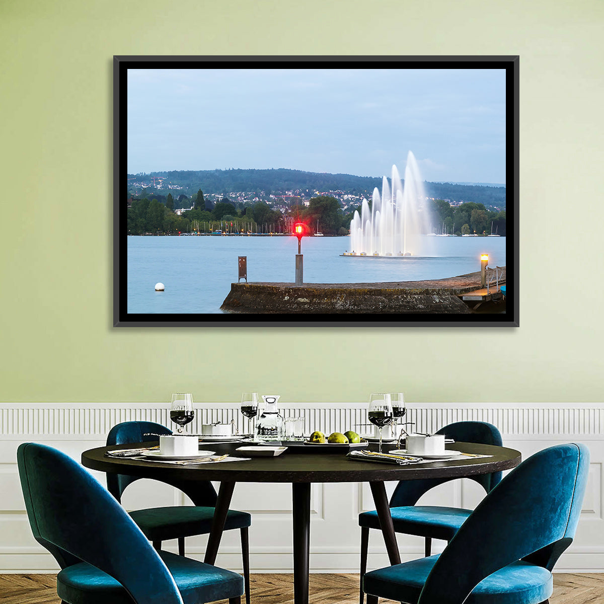 Lake Zurich Fountain at Dusk Wall Art