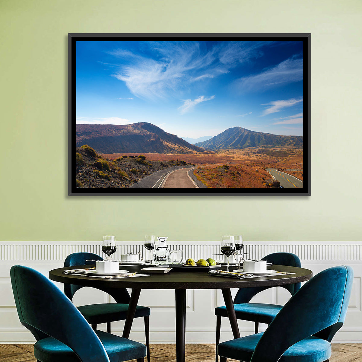 Mount Aso Winding Road Wall Art in a room, landscape