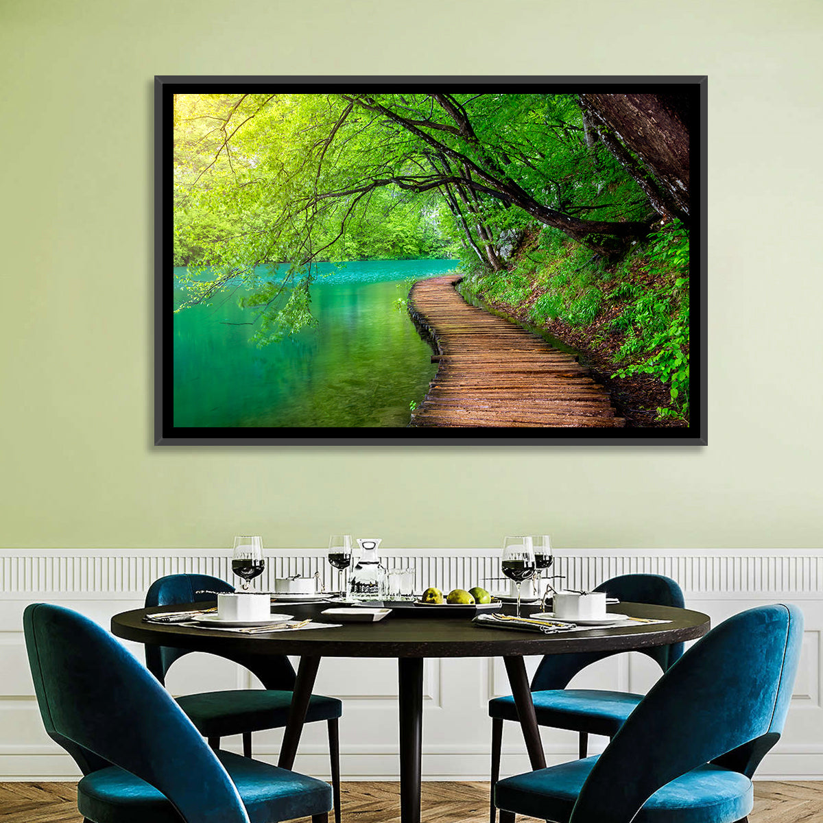 Plitvice Lakes Boardwalk Wall Art in a room, landscape