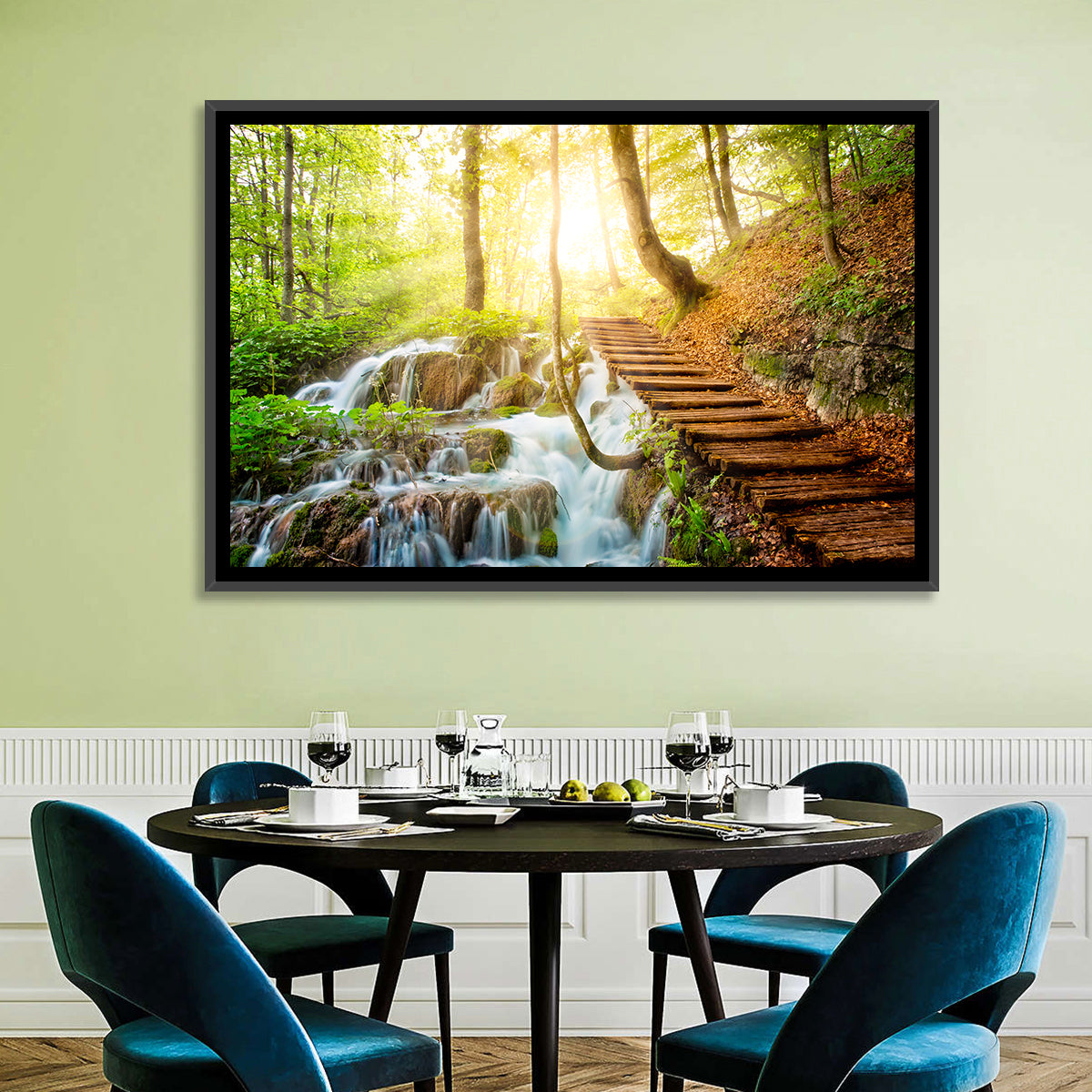 Plitvice Lakes Walkway Wall Art in a room, landscape
