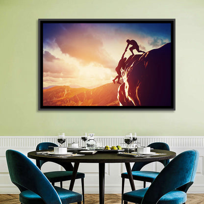 Two Hikers Summit Assist at Sunset Wall Art