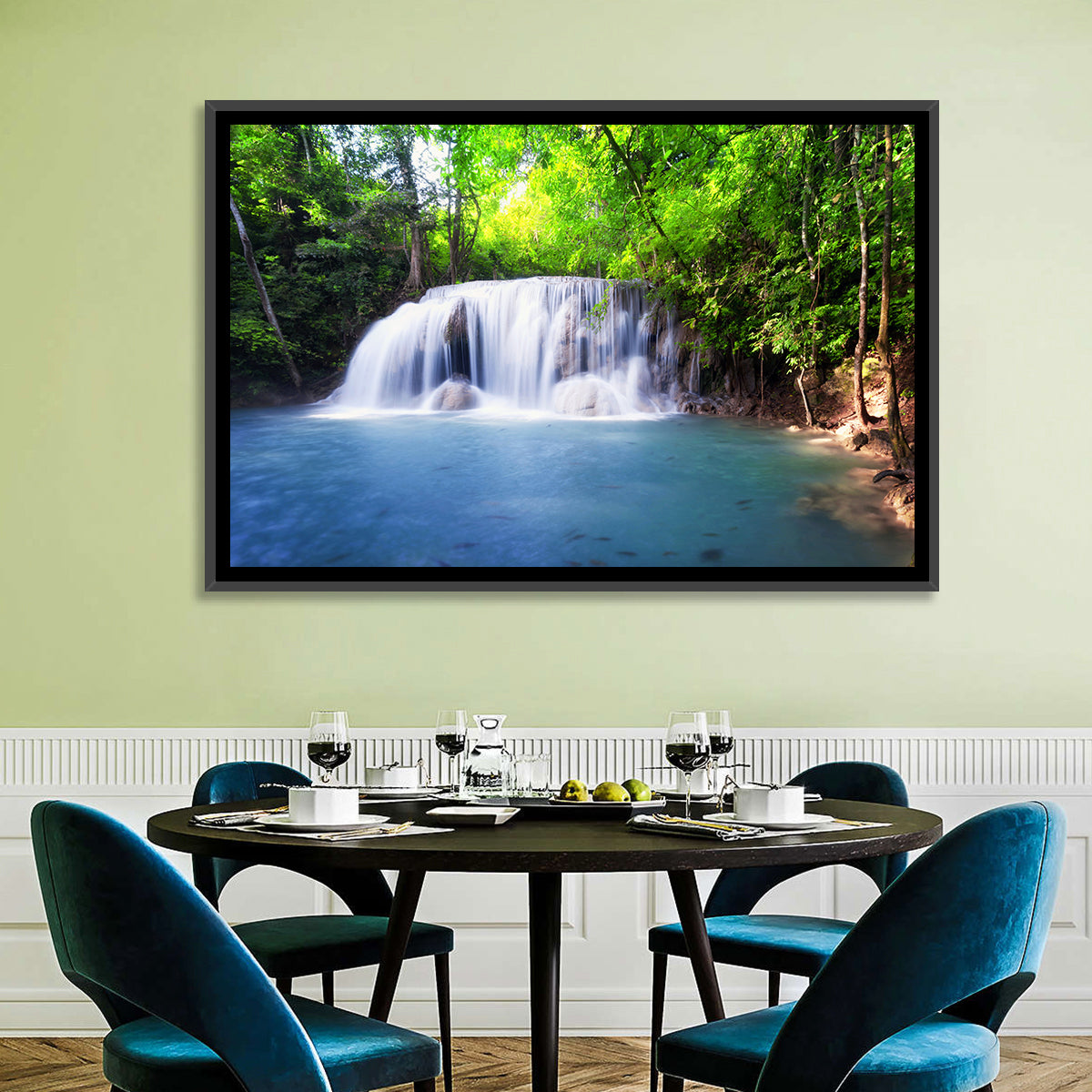 Erawan Waterfall Emerald Pool Wall Art in a room, landscape