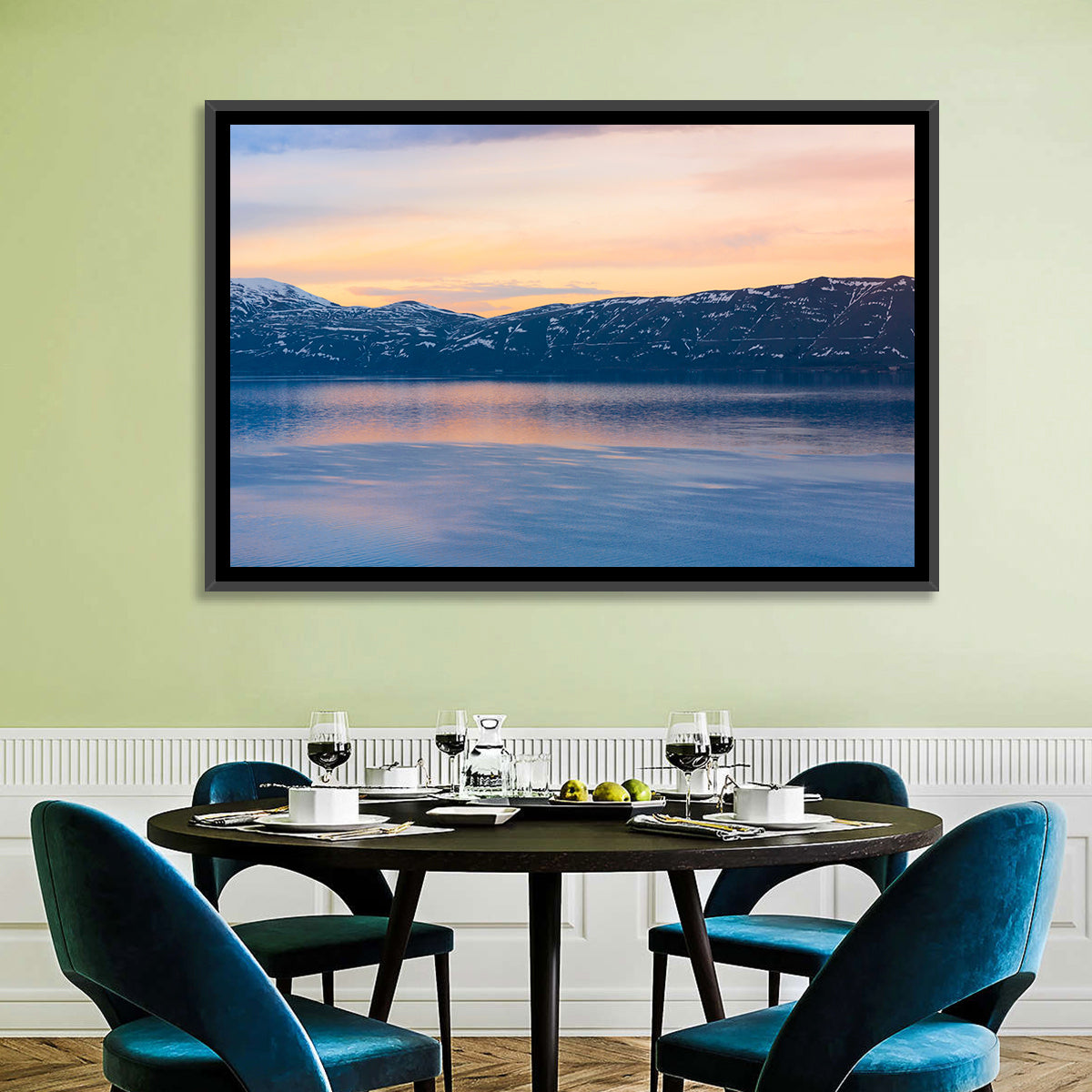 Lake Sevan Evening Reflection Wall Art in a room, landscape
