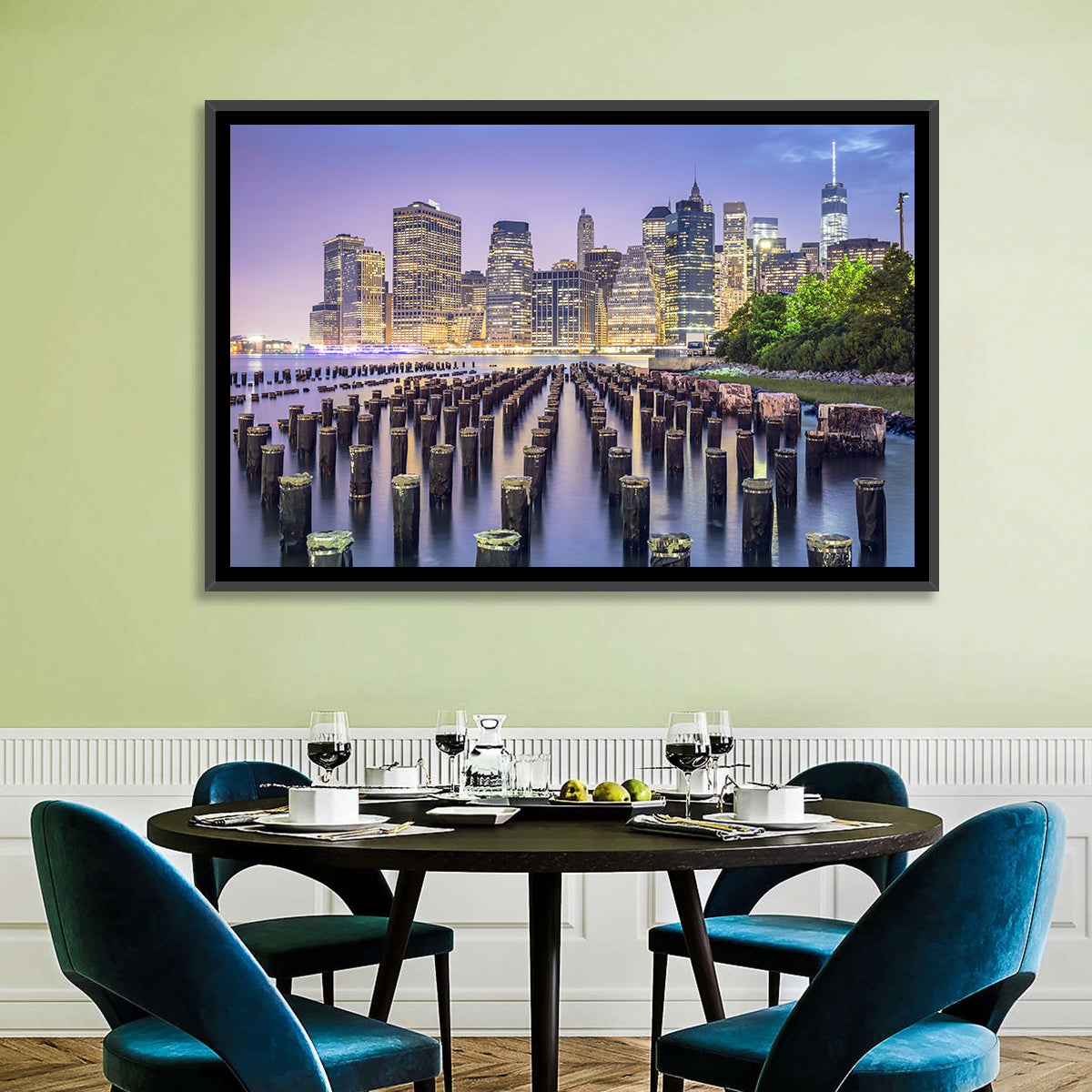 Manhattan Skyline at Twilight Wall Art in a room, landscape