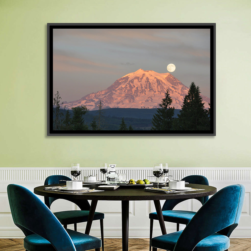 Mount Rainier Alpenglow with Full Moon Wall Art