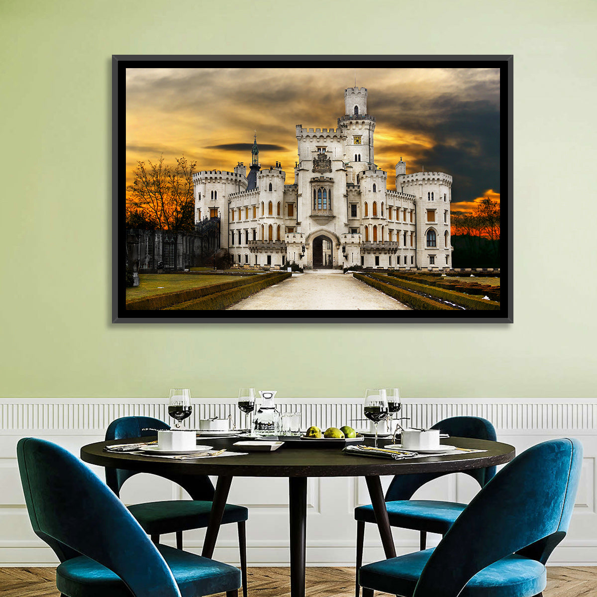 Hluboká Castle at Sunset Wall Art in a room, landscape