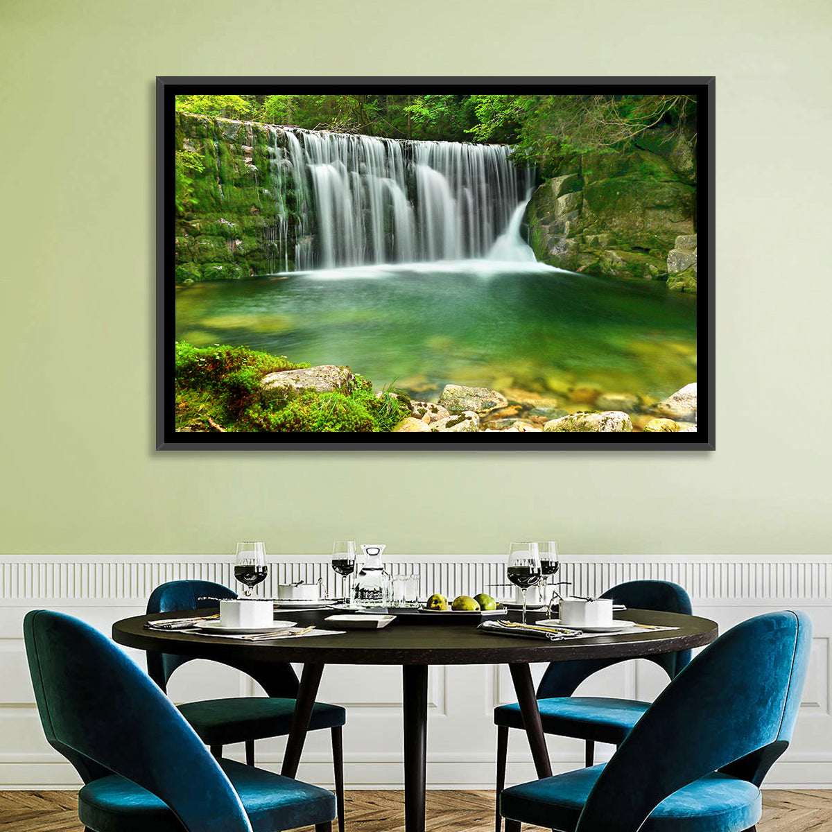 Emerald Lake Cascade Wall Art in a room, landscape