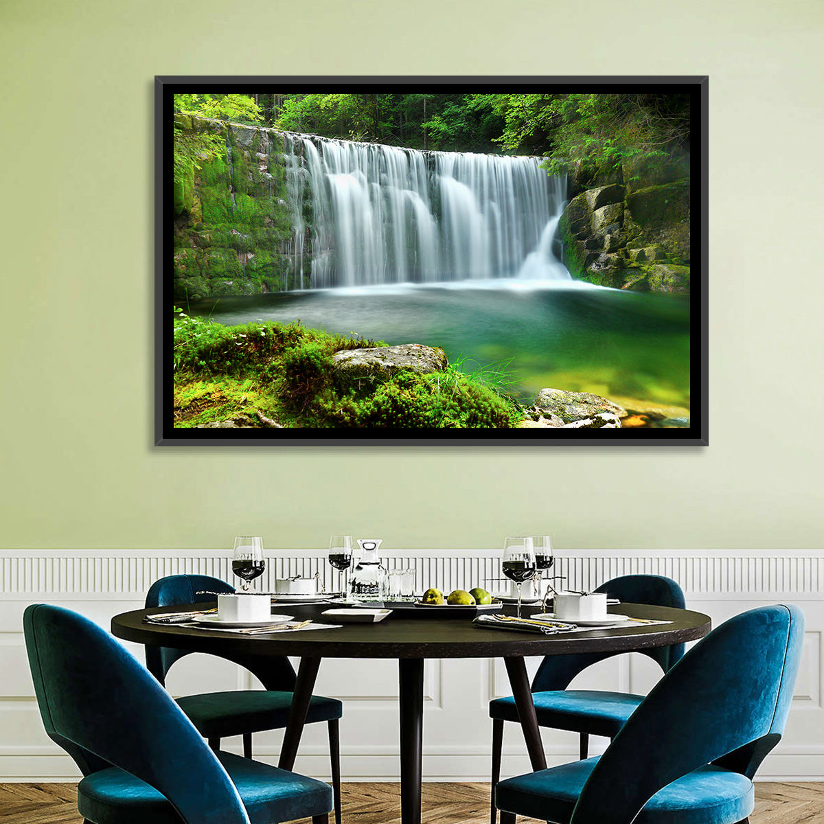 Emerald Forest Waterfall with Mossy Stones Wall Art