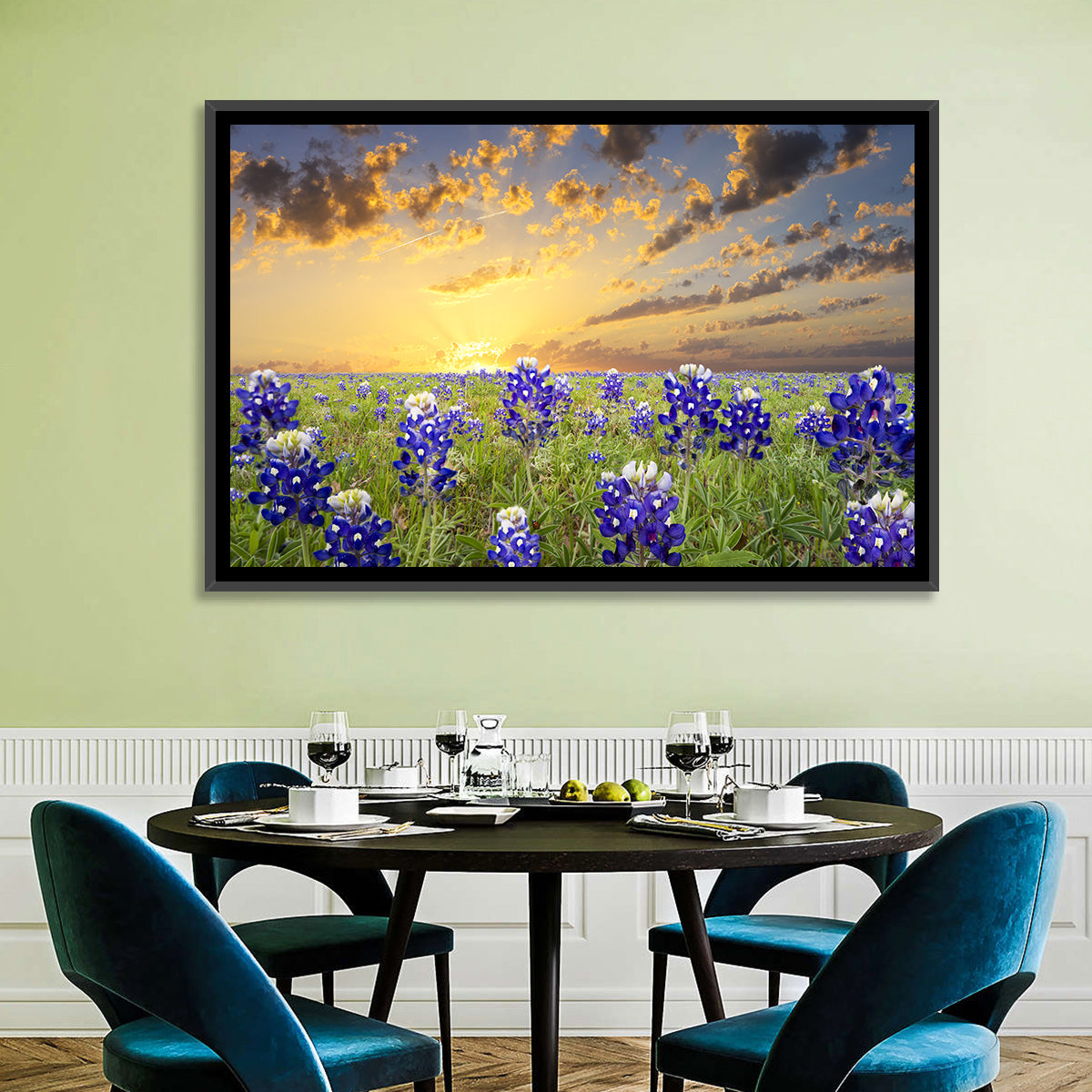 Bluebonnet Field at Sunset Wall Art in a room, landscape