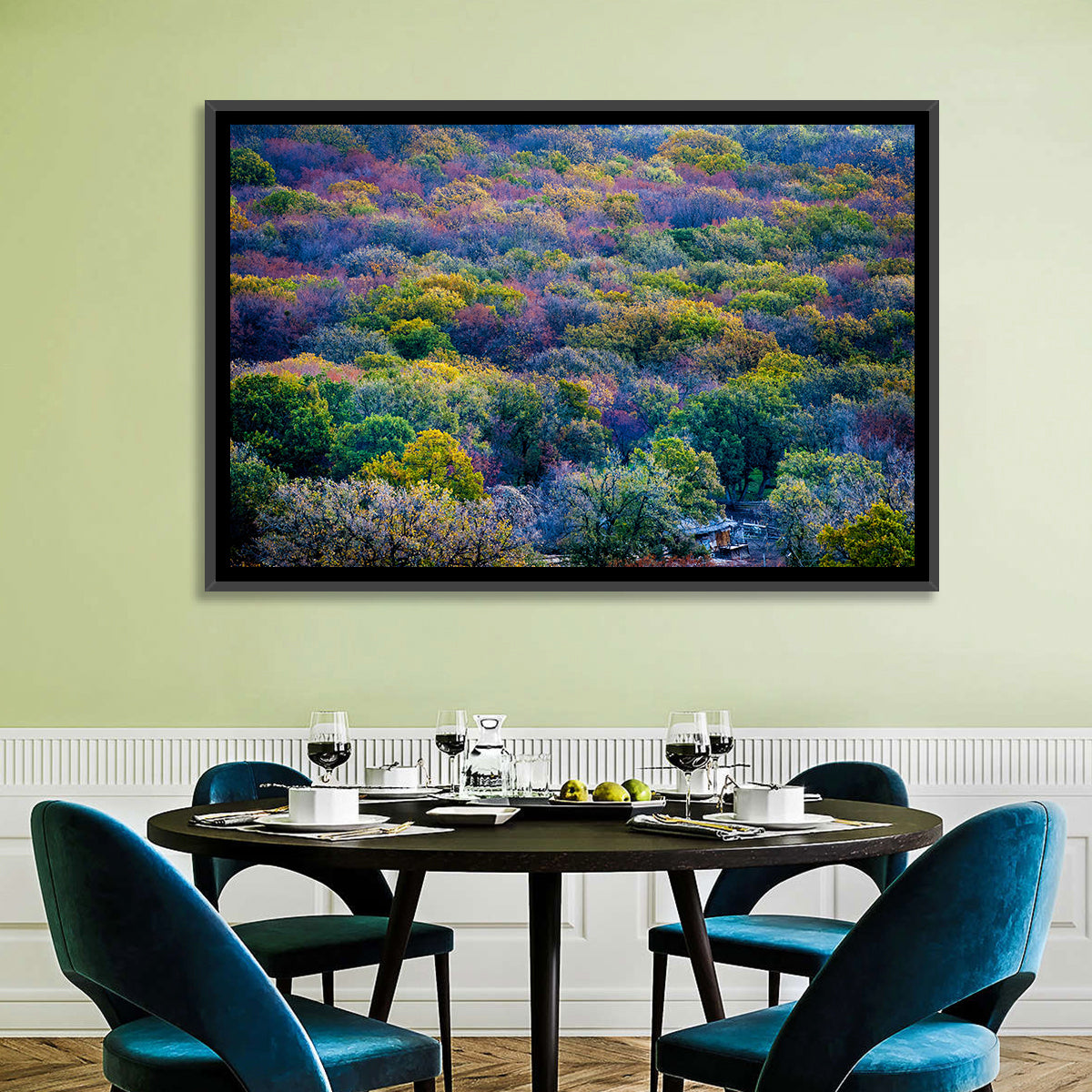 Autumn Canopy Forest with Cabin Roof Wall Art