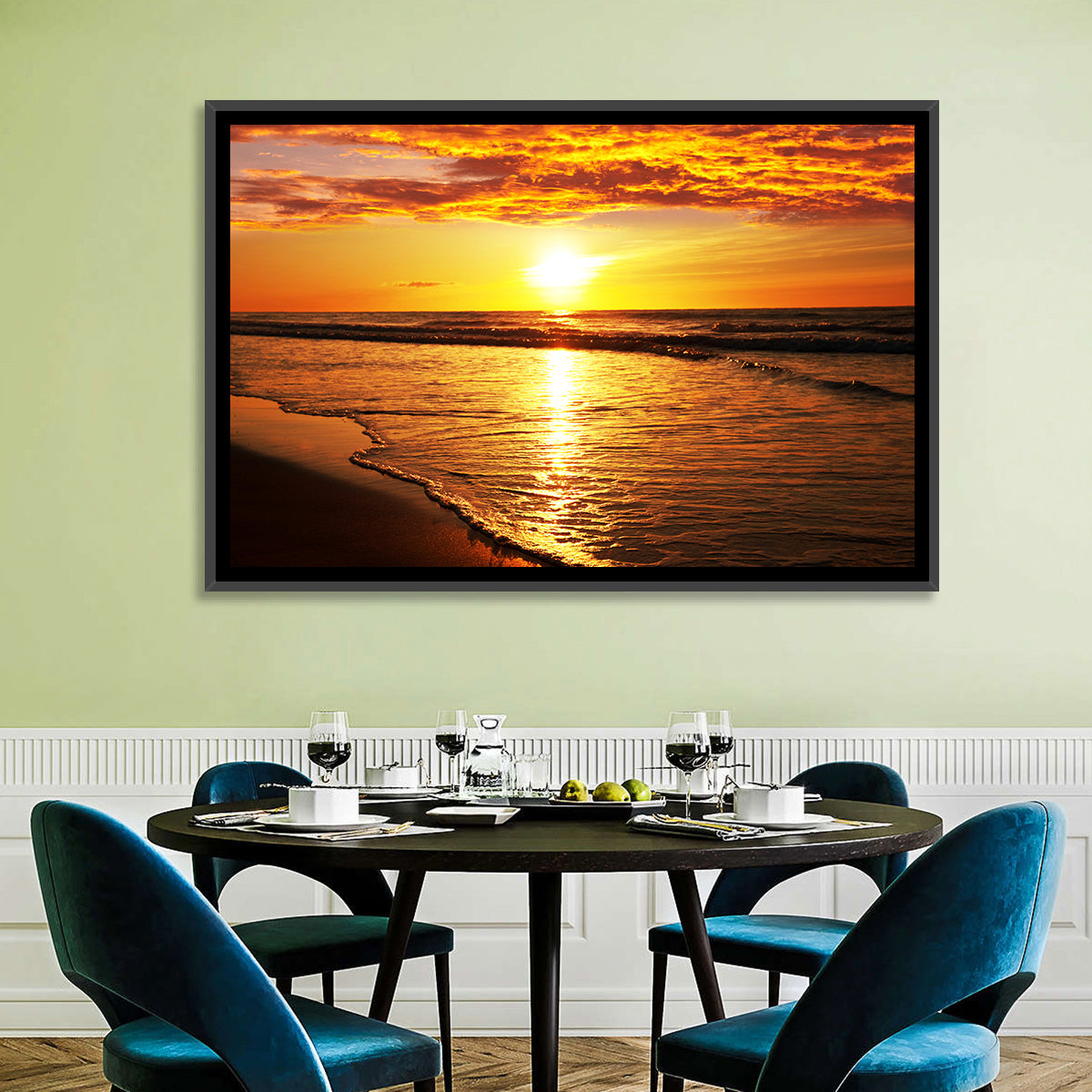 Golden Thai Beach Sunset Wall Art in a room, landscape