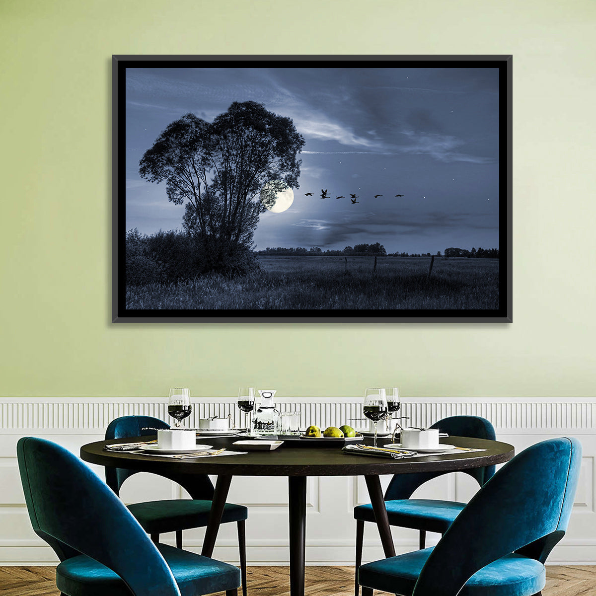 Moonlit Birds Over Quiet Field Wall Art in a room, landscape
