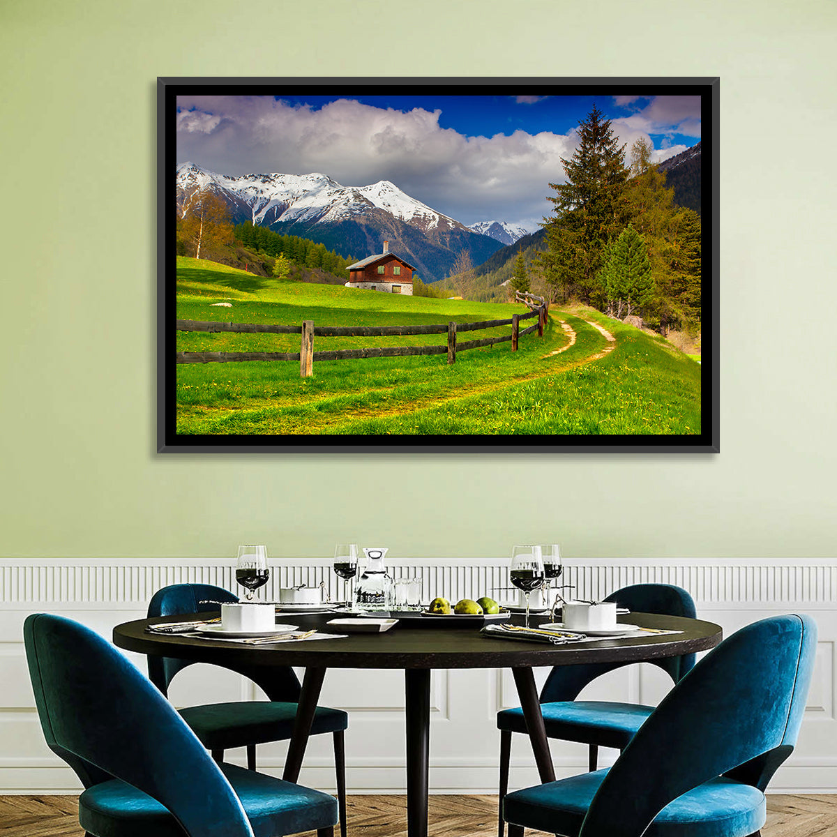 Alpine Meadow Cabin, Swiss Alps Wall Art in a room, landscape