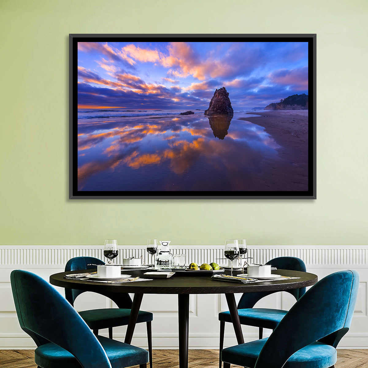 Oregon Coast Sea Stack Sunset Wall Art in a room, landscape