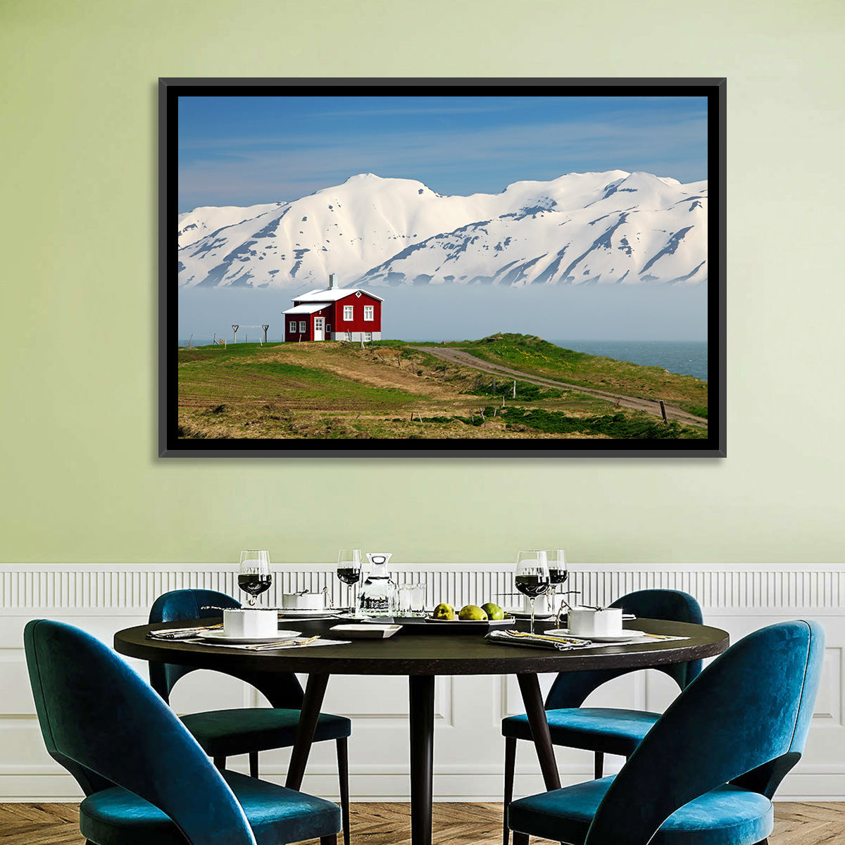 Red House by Fjord Wall Art in a room, landscape