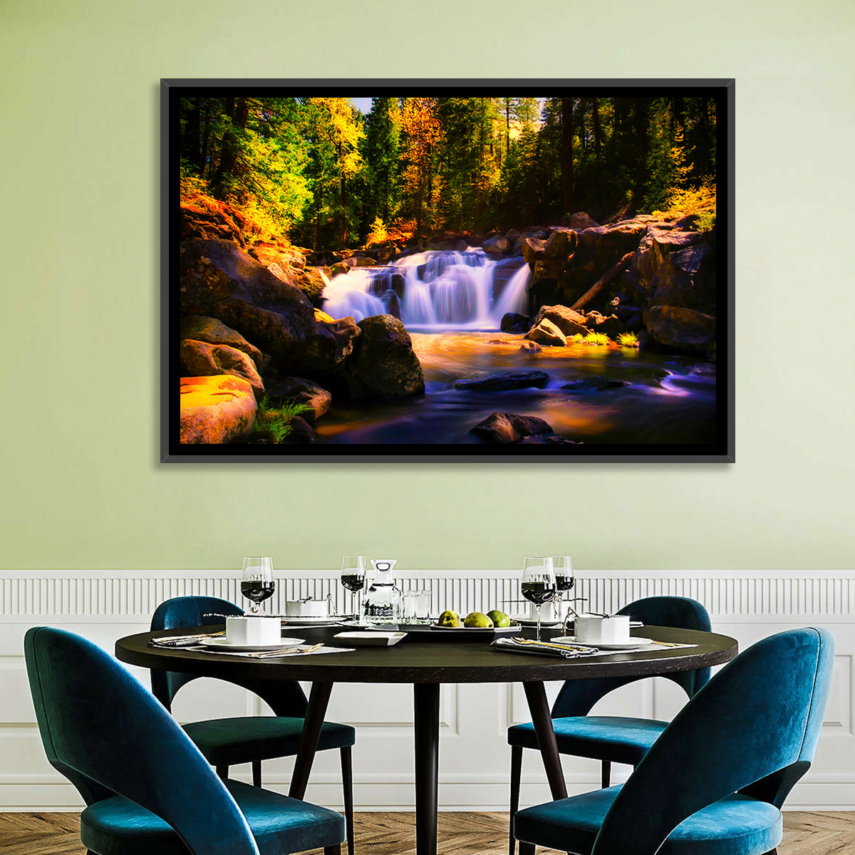Autumn Mountain Waterfall Wall Art in a room, landscape